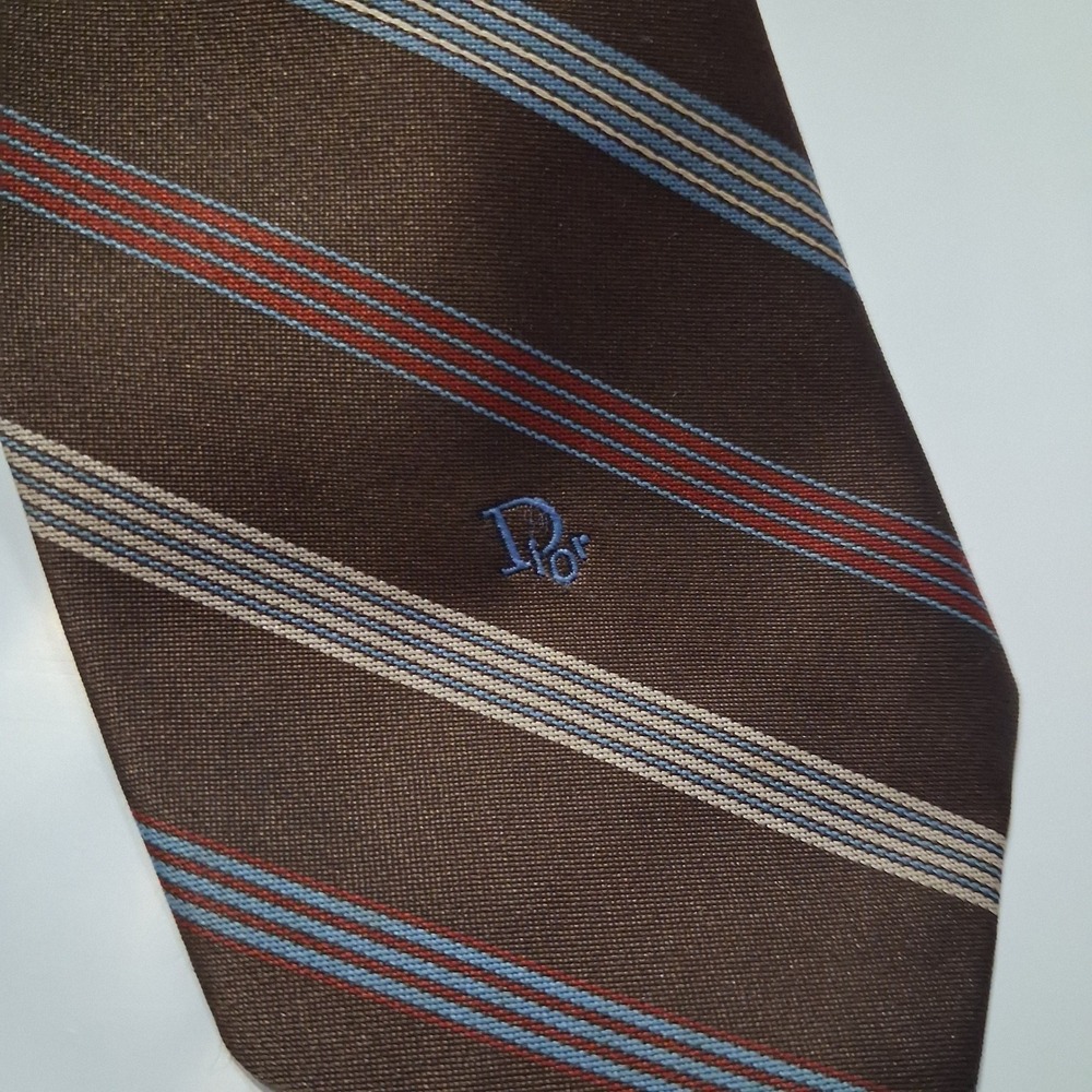 Vintage Christian Dior Necktie Mens OS Brown Striped Silk Logo Designer Formal